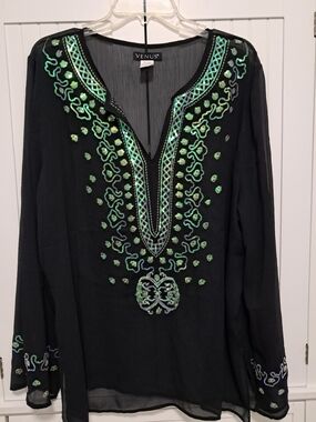 VENUS Black Sheer Tunic/Swimsuit Coverup with Green Embroidery & Beads XL